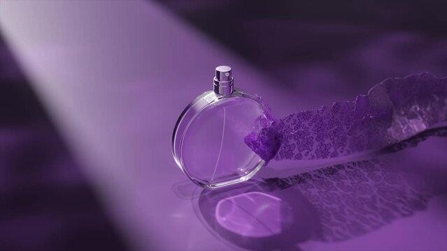 Stylish 3D rendering of a clear perfume bottle accompanied by a flowing purple lace ribbon on a reflective surface