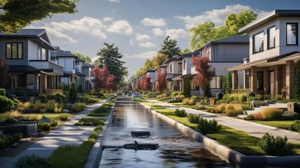 Fototapeta premium A suburban neighborhood with homes equipped with advanced rainwater harvesting systems