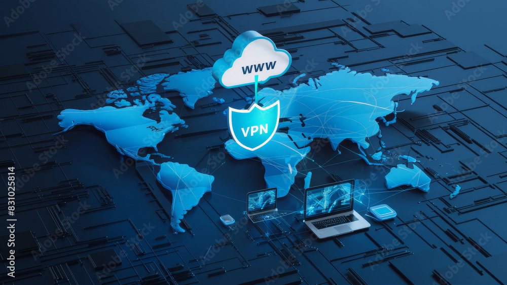 Poster connected to the cloud is a shield with 'vpn' and a checkmark, symbolizing an encrypted connection.
