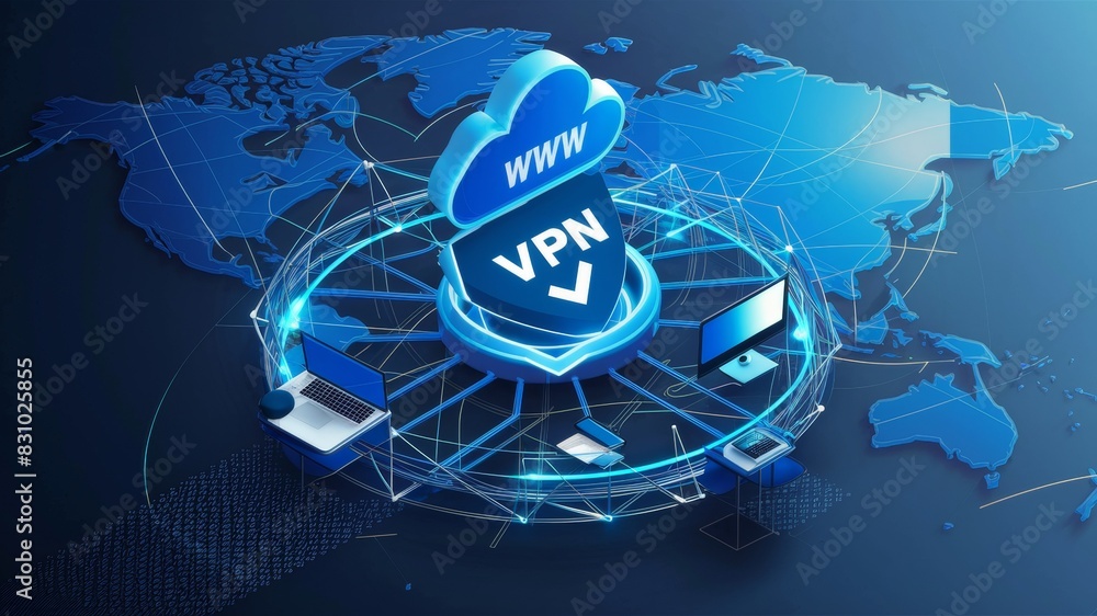 Poster connected to the cloud is a shield with 'vpn' and a checkmark, symbolizing an encrypted connection.