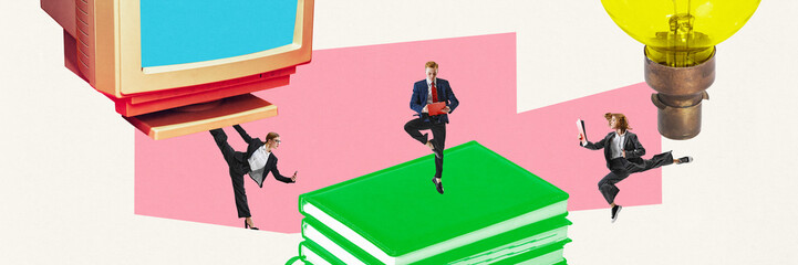 Banner. Contemporary art collage. Young people in business attire working, perform different responsibilities but they are team. Concept of business, job, ideas, startup, study and progress.