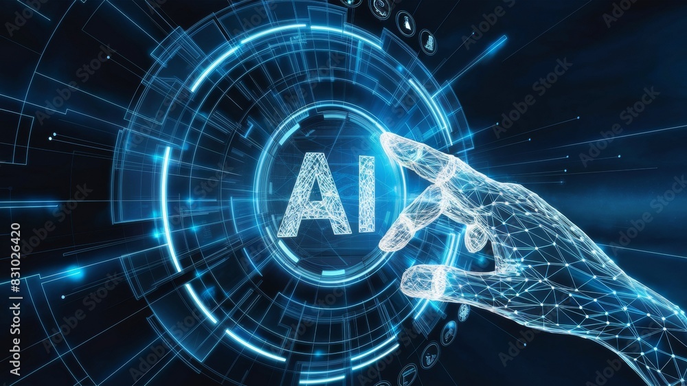 Poster a futuristic or digital setting where a wireframe hand, made up of interconnected lines and dots, is