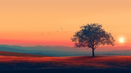 Fototapeta premium A minimalist digital artwork showcasing a cozy countryside landscape during sunset. The warm hues of the sky blend with the soft lighting to create a tranquil and inviting scene. The serene