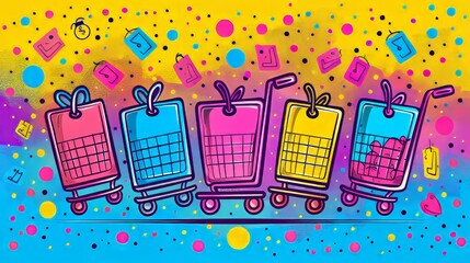 Colorful cartoon vector illustration of Cyber Monday sale with shopping carts and discount tags cartoon Vector Illustration Generative AI