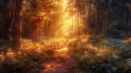 A cozy forest path at golden hour, illustrated with warm tones and soft lighting. The tranquil ambiance and serene environment invite relaxation, with the golden hour glow highlighting the beauty of