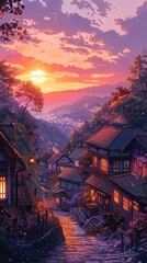 An illustration of a cozy village at sunset, featuring warm colors and soft lighting. The tranquil environment and inviting scenery create a serene and comfortable atmosphere, perfect for a digital