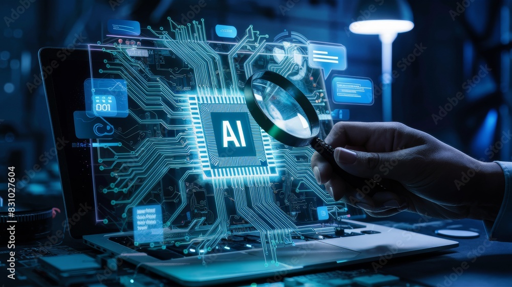 Poster a magnifying glass held by a hand, focusing on an ai (artificial intelligence) chip embedded within 