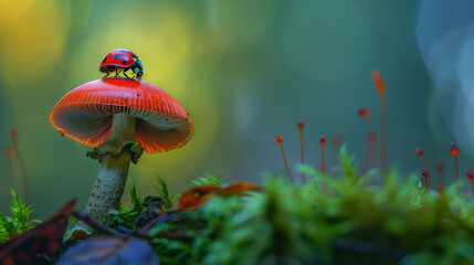 A ladybug sits on top of a red mushroom. The mushroom is surrounded by fallen leaves, creating a natural and peaceful scene - Powered by Adobe