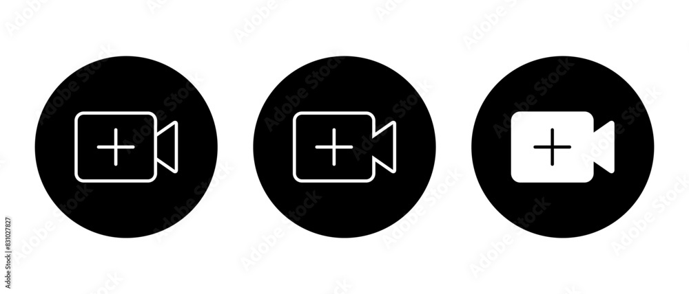 Poster add content video icon set on black circle. upload footage button