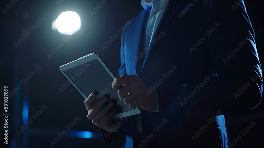 Poster business man with tablet technology or corporate communication isolated on studio background interne