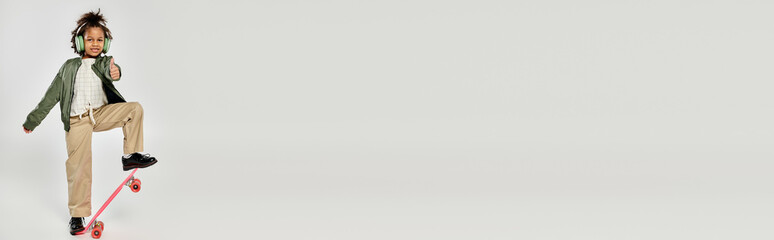 A boy effortlessly glides on a skateboard with skill and balance against a clean, minimalist white background.