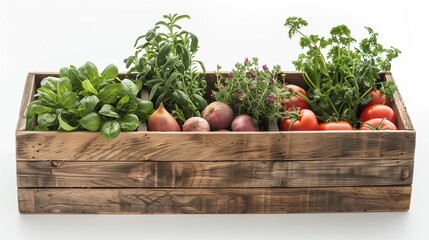 old wooden box filled with vegetables and herbs ready for market