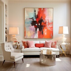 modern living room with abstract paintings on wall 