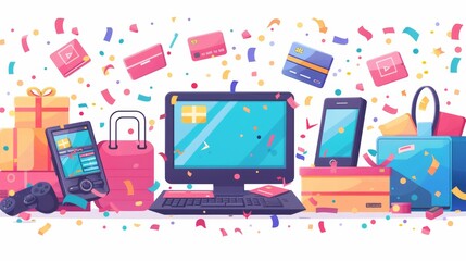 Cartoon vector illustration of a Cyber Monday sale with digital devices, credit cards, and confetti cartoon Vector Illustration Generative AI
