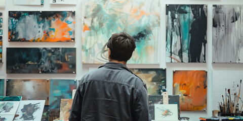 A man working at an exhibition: A picture of a man working at an art exhibition or art event.