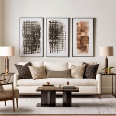 modern living room with triptych abstract pictures on wall 