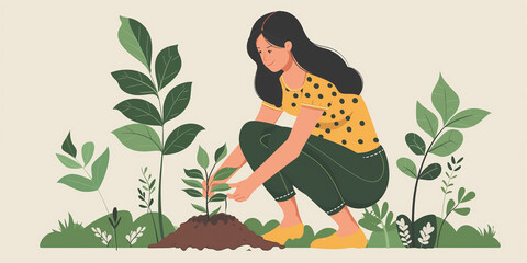 A woman planting trees in the garden: A picture of a woman planting trees or taking care of her private garden area at home.