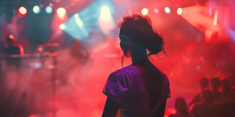 A woman preparing for a performance on stage: A picture of a woman preparing and performing on stage at an event.
