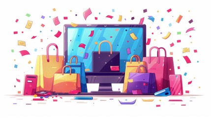Cartoon vector illustration of a Cyber Monday sale with digital devices, credit cards, and confetti cartoon Vector Illustration Generative AI
