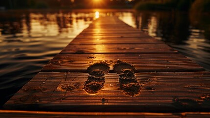 A wooden dock with water in the background