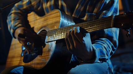 Fototapeta premium A young man playing a accoutic guitar worshipping God