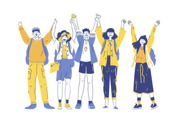 Group of drawn people with different emotions in blue and yellow colors