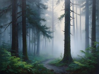 Obraz premium Misty Forest Landscape Oil Painting Art