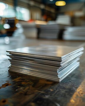 photograph from above of small stack of plain flat grey laminant sheets on a workshop floor, full stack in frame