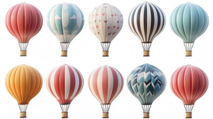 Set of ten colorful hot air balloons isolated on white background. 3D illustration.
