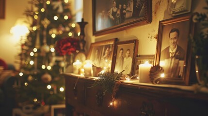 A living room decorated for Christmas. There is a Christmas tree with ornaments and a star on top in the mantle. There are also candles on the mantle.