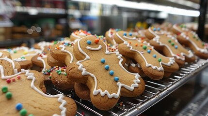 A close-up image of a rack of gingerbread cookies, decorated with white icing and colorful sprinkles.