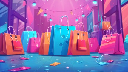 Cartoon vector illustration of an online shopping scene with a Cyber Monday discount tag and shopping bags cartoon Vector Illustration Generative AI