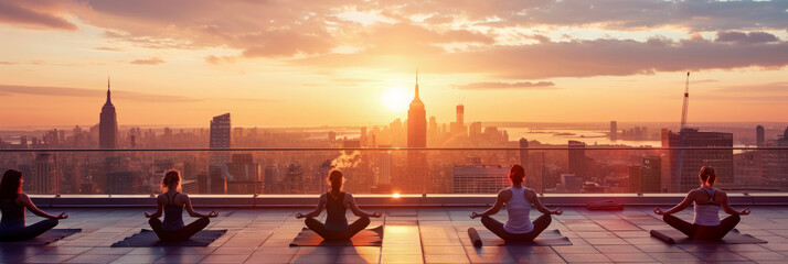 a sunrise yoga session on a rooftop with a city skyline in the background