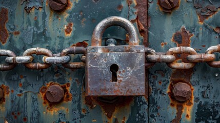 Close-up of a bulky, oxidized padlock and interlocked chains on a deteriorating metal door, showcasing the raw, rugged surface