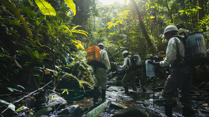 a team of scientists conducting environmental research in a lush rainforest with modern equipment