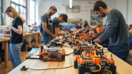 a tech workshop with people assembling and coding robots