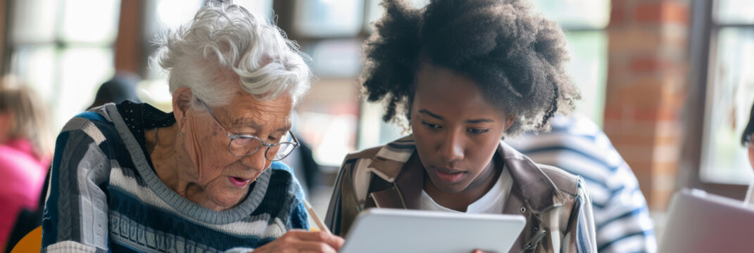 a tech-savvy senior learning to use a tablet with the help of a young volunteer