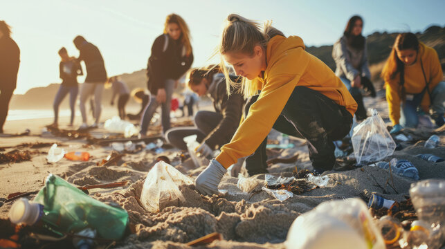 a volunteer beach cleanup event with people collecting plastic waste
