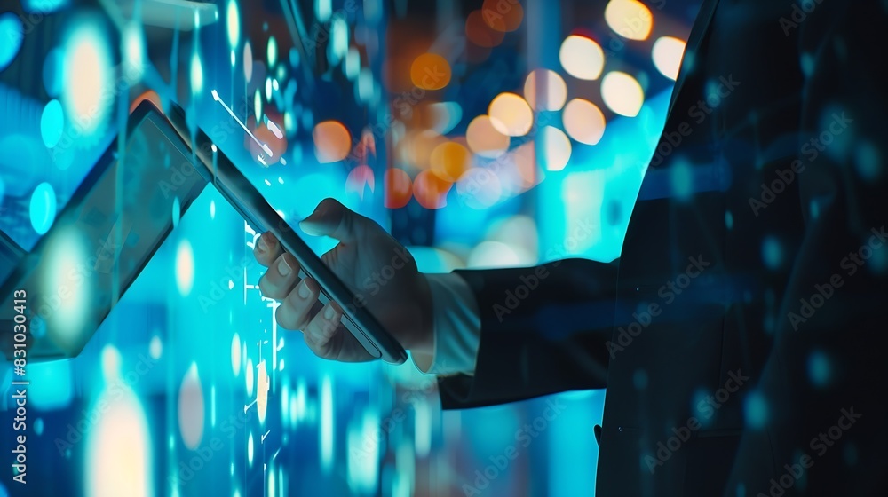 Aufkleber businessman working on digital tablet computer business global internet network technology social me