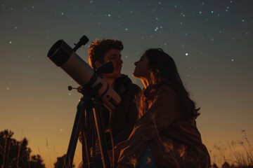 a young couple stargazing with a telescope in a dark, clear sky area, highlighting romance and interest in astronomy.