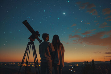 Fototapeta premium a young couple stargazing with a telescope in a dark, clear sky area, highlighting romance and interest in astronomy.