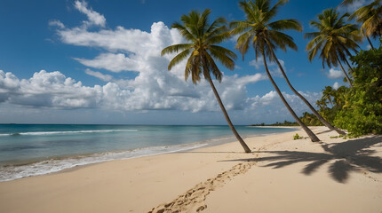 Obraz premium a beach with palm trees and a beach in the background.