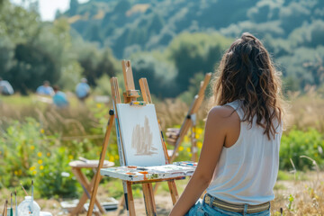 a young woman painting in an outdoor art class, with easels, paints, and natural scenery, illustrating creativity and learning.