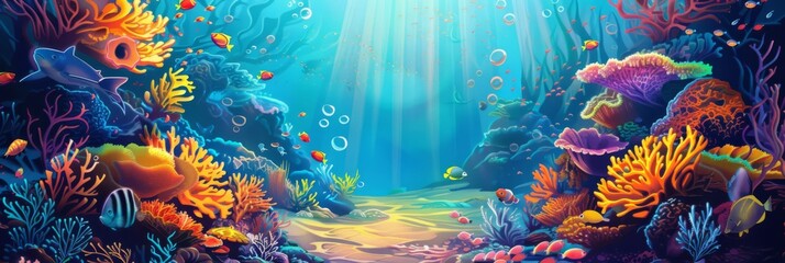 The ocean and underwater world with different inhabitants. Marine Life Landscape. Sea world