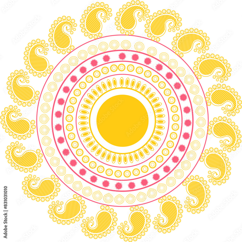 Sticker Yellow and Pink Rangoli Doodle Element for Indian Festival.