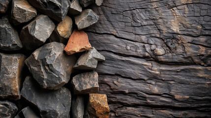 A pile of rocks and a wooden board with a black and brown color. The image has a natural and rustic...