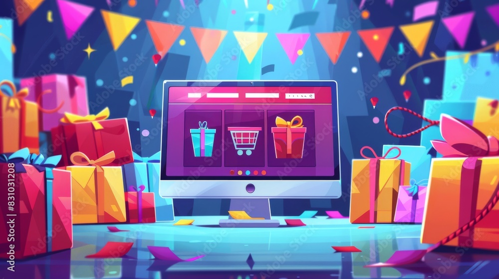 Poster cyber monday cartoon vector illustration with a computer screen showing a shopping website and disco