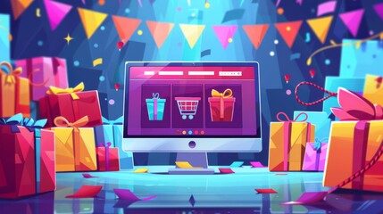 Cyber Monday cartoon vector illustration with a computer screen showing a shopping website and discount offers cartoon Vector Illustration Generative AI