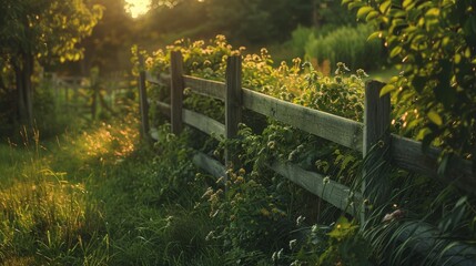 A wooden fence with green plants growing on it