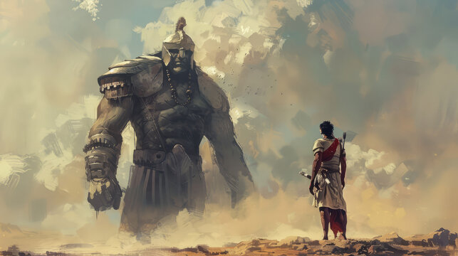 David and Goliath. Digital painting of an ancient warrior with a giant standing in front of him. Digital illustration.